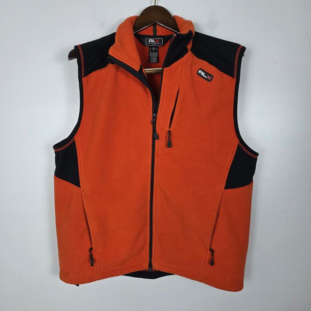 RLX Ralph Lauren Orange Fleece Vest Mens Full Zip Pockets Outdoors